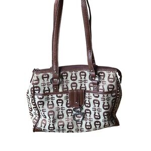 Etienne Aigner Monogram Canvas Shoulder Bag Brown Leather Trim Equestrian